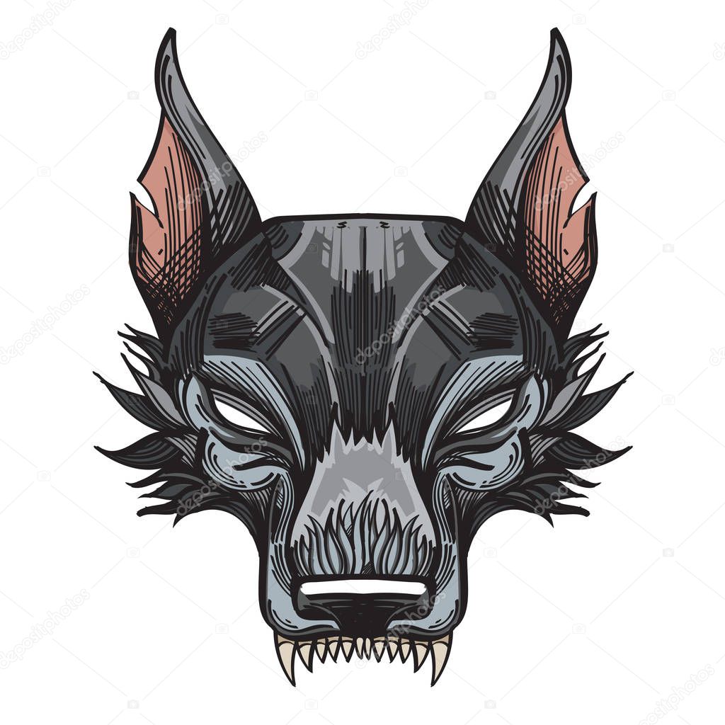 Muzzle of a wolf is an illustration for creating sketches of tattoos, printing on clothes, design of posters and leaflets.
