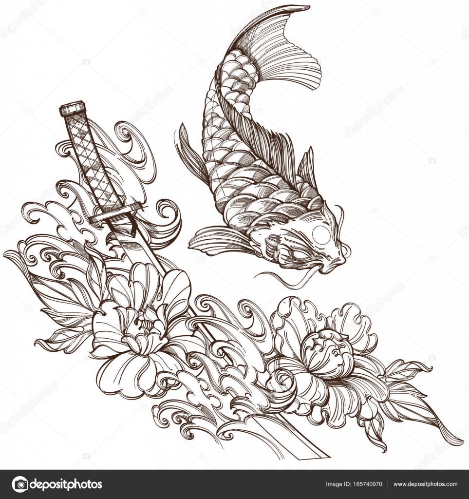 Koi Carp With Peonies And Katana Vettoriali Stock