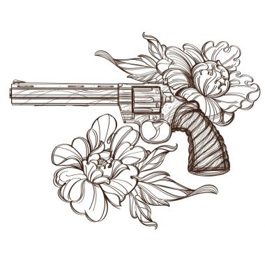 Tabanca ve peonies. Kontur illüstrasyon