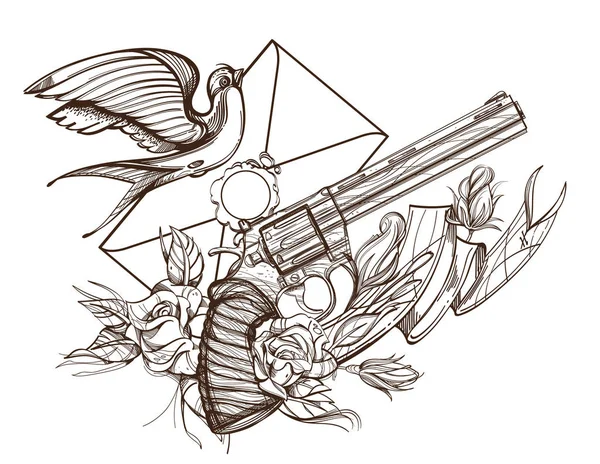 左轮手枪、 燕子、 信、 丝带 — 图库矢量图片