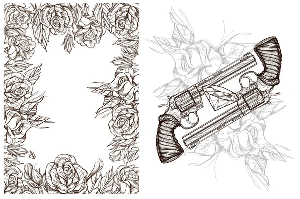 Rosas y un arma. ilustraciones — Vector de stock