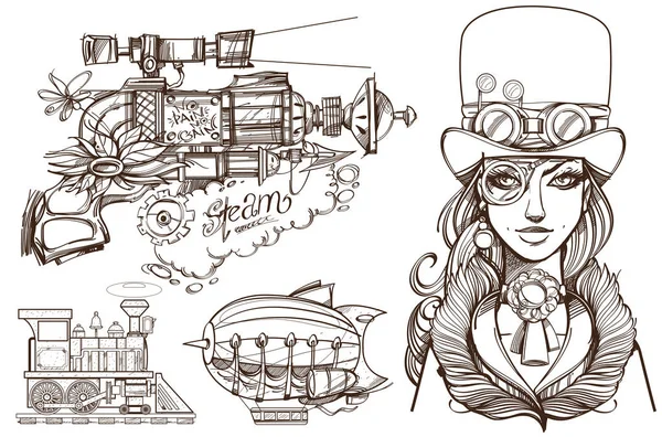 Una mujer con sombrero viejo y una pistola steampunk . — Vector de stock