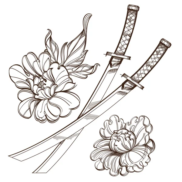 Kontur görüntü katanas ve peonies. — Stok Vektör