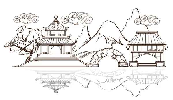 Krajobraz z Rozciągacz, pagoda i góry. — Wektor stockowy