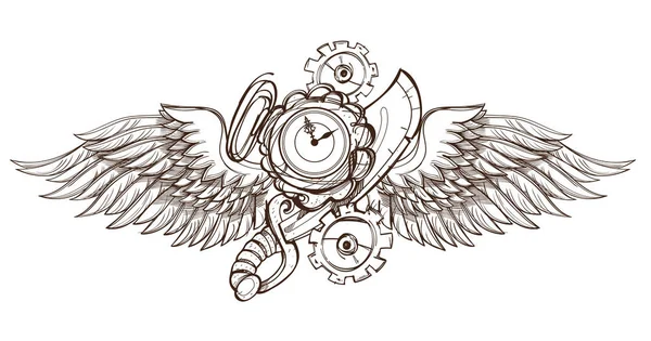 Kézzel rajzolt vintage óra szárnyakkal — Stock Vector