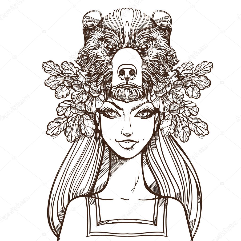 Woman with a mask of a bear. 