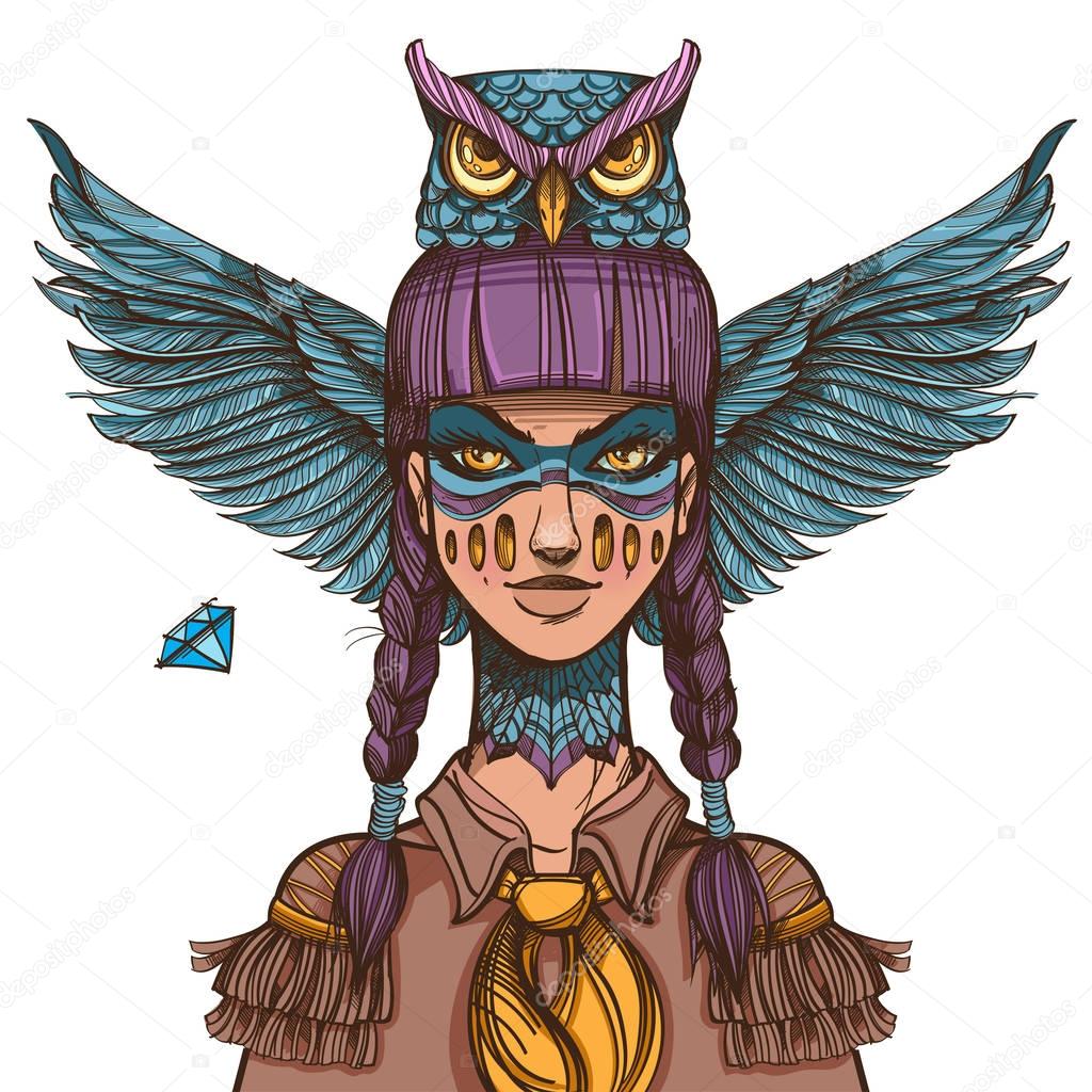 Woman with mask of an owl. 