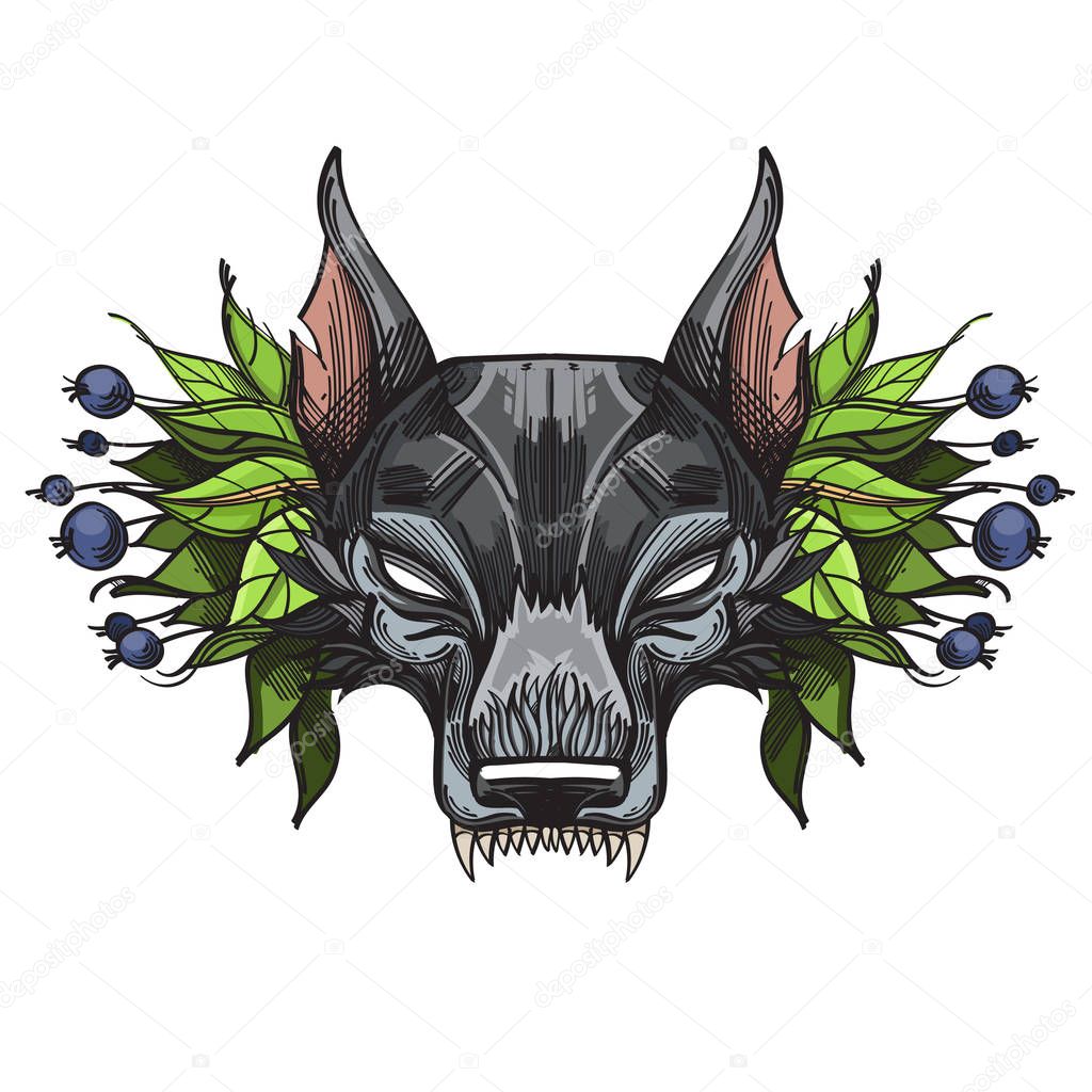 Muzzle of a wolf is an illustration for creating sketches of tattoos, printing on clothes, design of posters and leaflets.