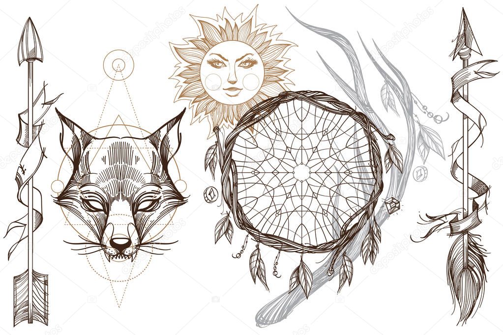 Outline sketch of foxy muzzle with dreamcatcher and shooting arrows on white background