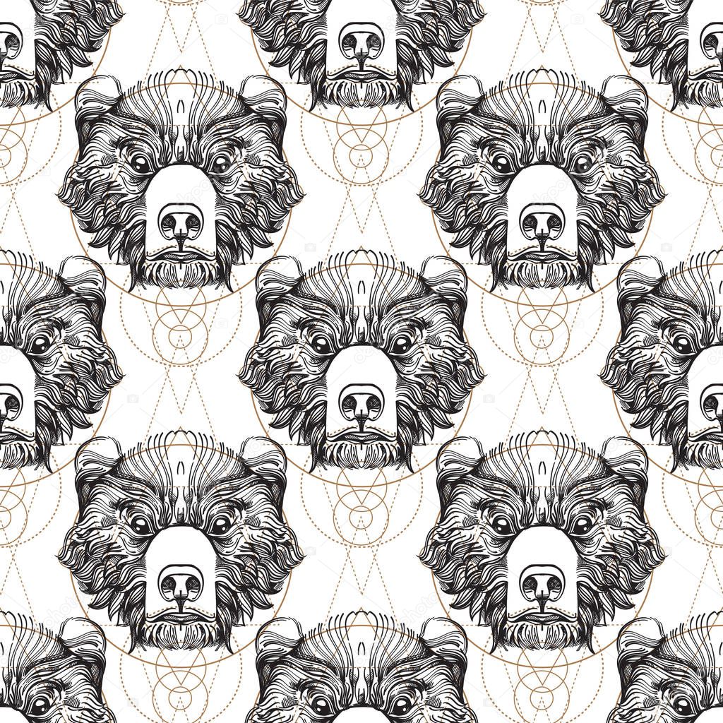 Bear faces seamless pattern for the design of the surface of the fabric, packaging, wallpaper.