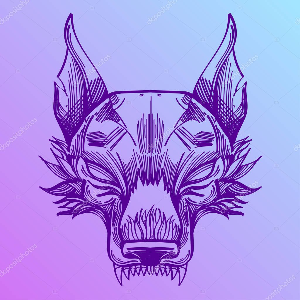 Muzzle of a wolf is an illustration for creating sketches of tattoos, printing on clothes, design of posters and leaflets.