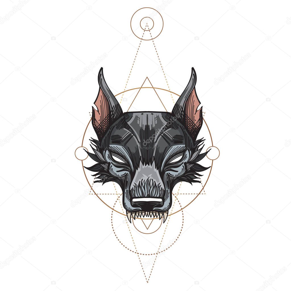 Muzzle of a wolf is an illustration for creating sketches of tattoos, printing on clothes, design of posters and leaflets.