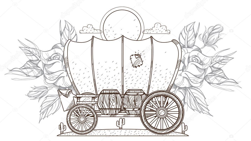 covered wagon and roses. 