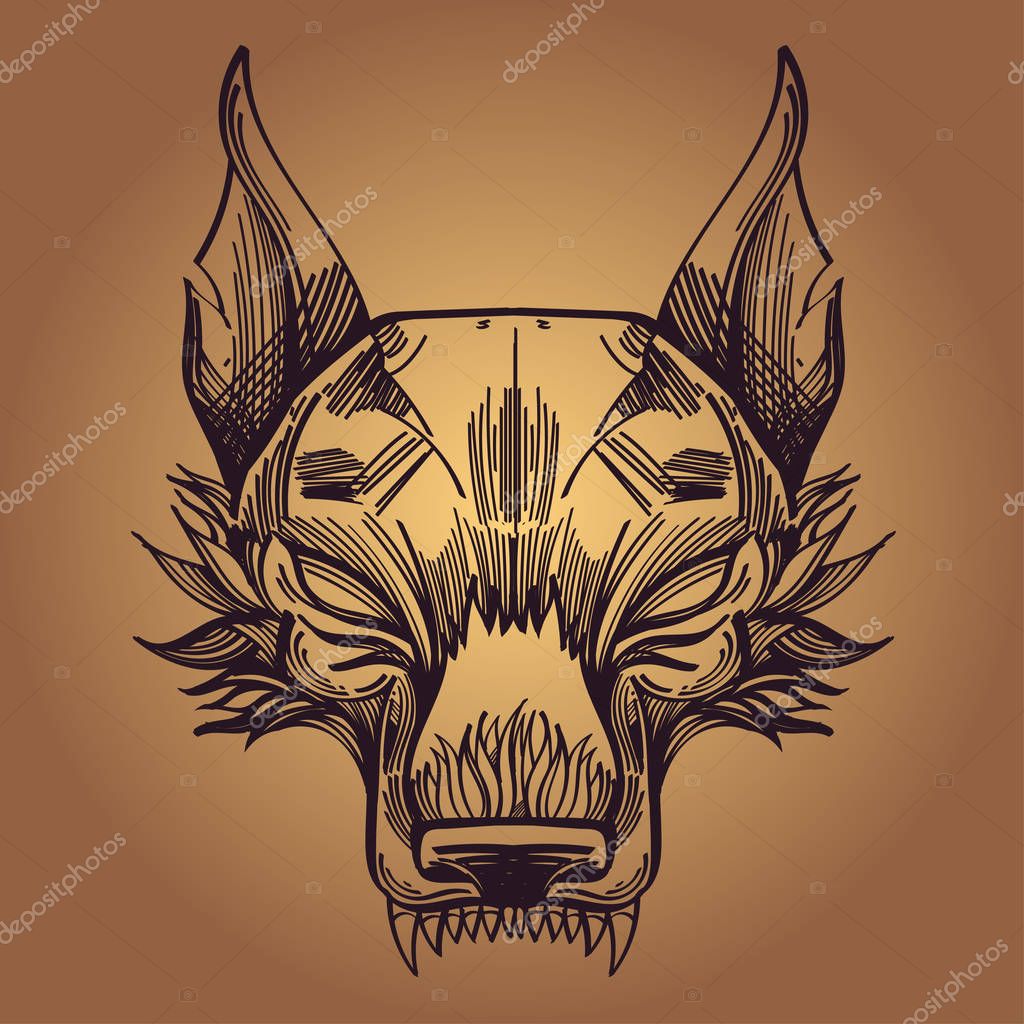 Muzzle of a wolf is an illustration for creating sketches of tattoos, printing on clothes, design of posters and leaflets.