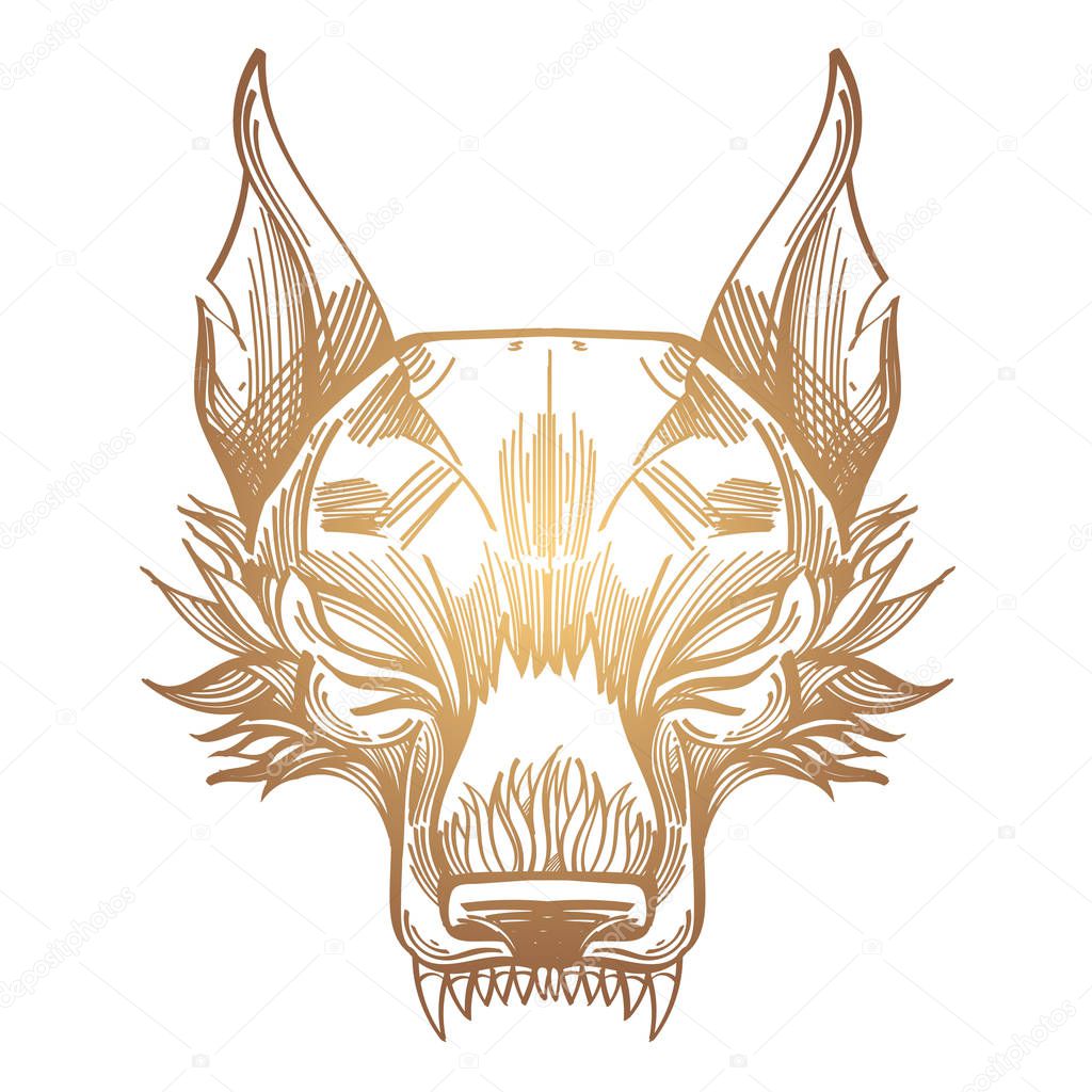 Muzzle of a wolf is an illustration for creating sketches of tattoos, printing on clothes, design of posters and leaflets.