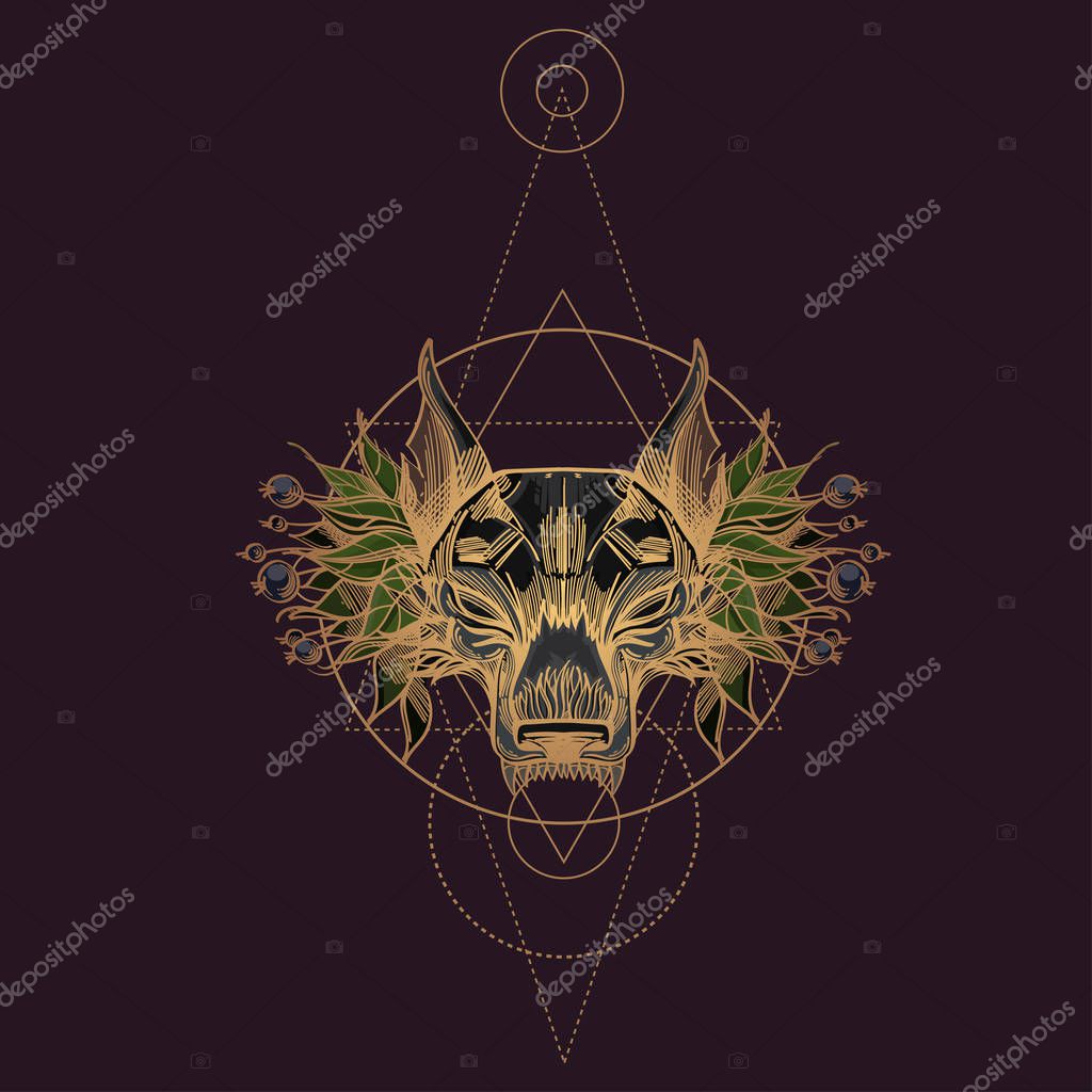 Muzzle of a wolf is an illustration for creating sketches of tattoos, printing on clothes, design of posters and leaflets.