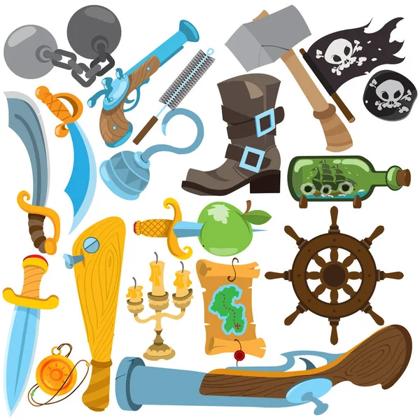 Definir ilustrações com atributos piratas —  Vetores de Stock