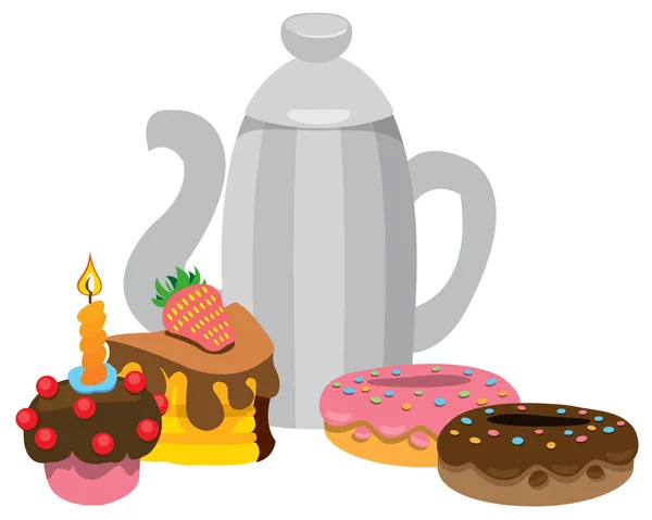 Bouilloire avec gâteaux et beignets — Image vectorielle