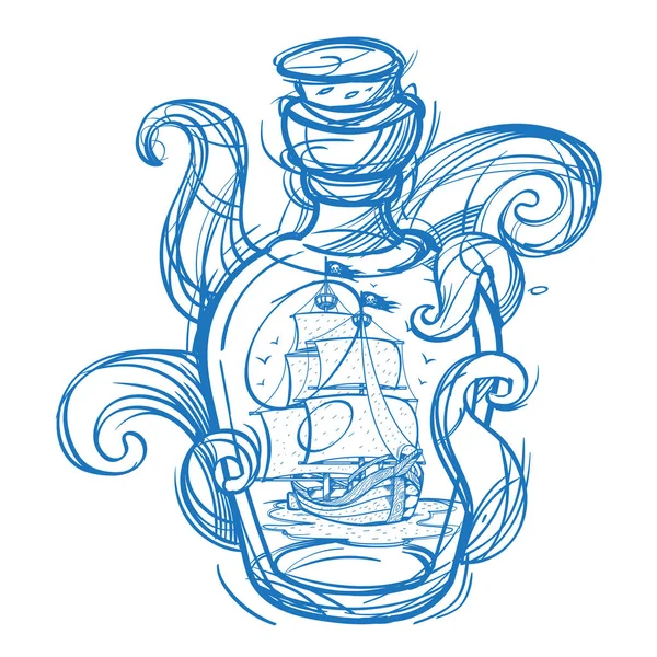 Fragata pirata en una botella de vidrio verde — Archivo Imágenes Vectoriales