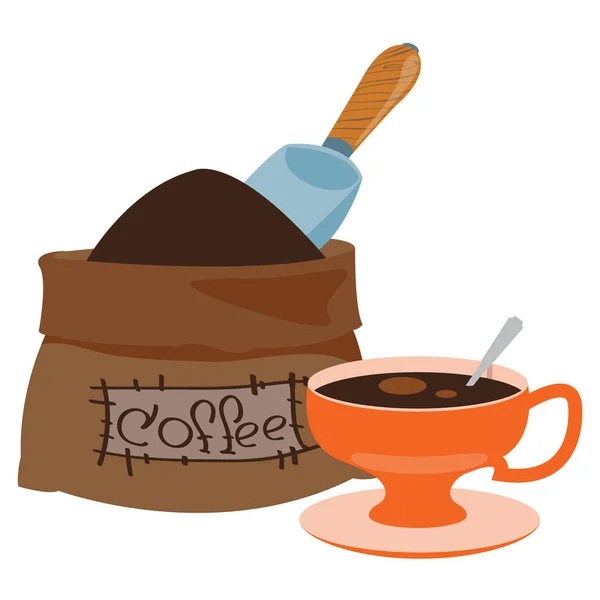 Saco con café y taza — Vector de stock