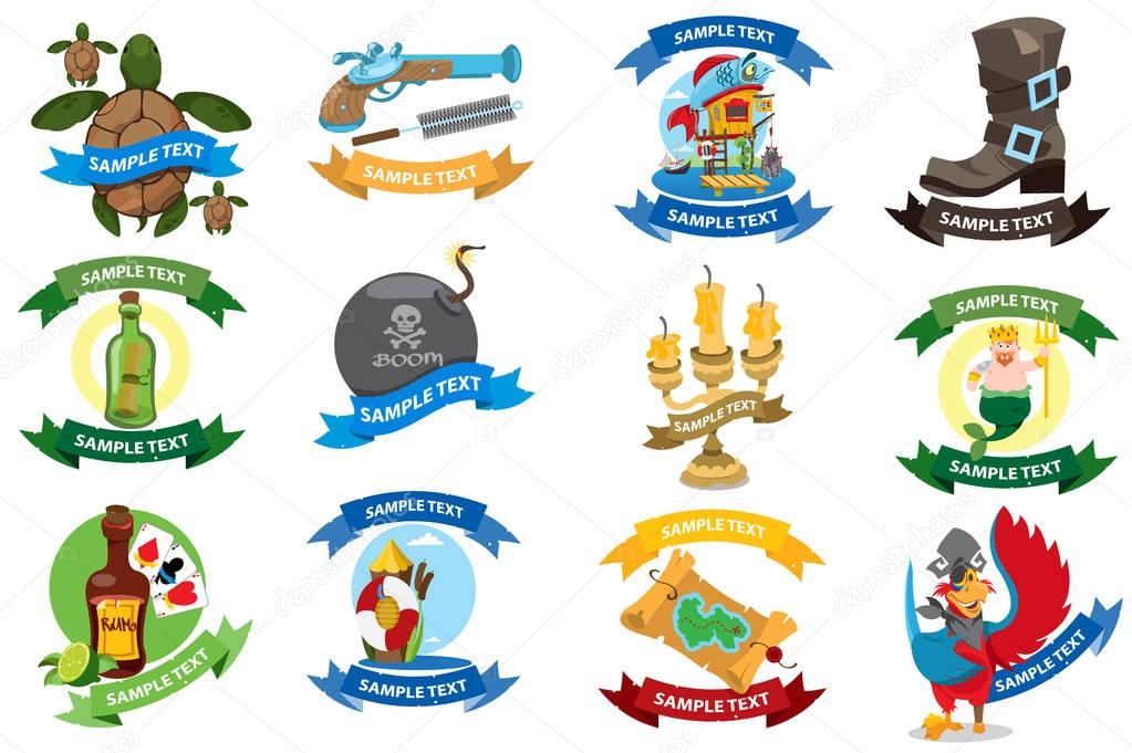 Set on a pirate theme icons. Logos with a banner for text with a picture of marine life and pirate goods. Stickers for design theme parties and children's products.