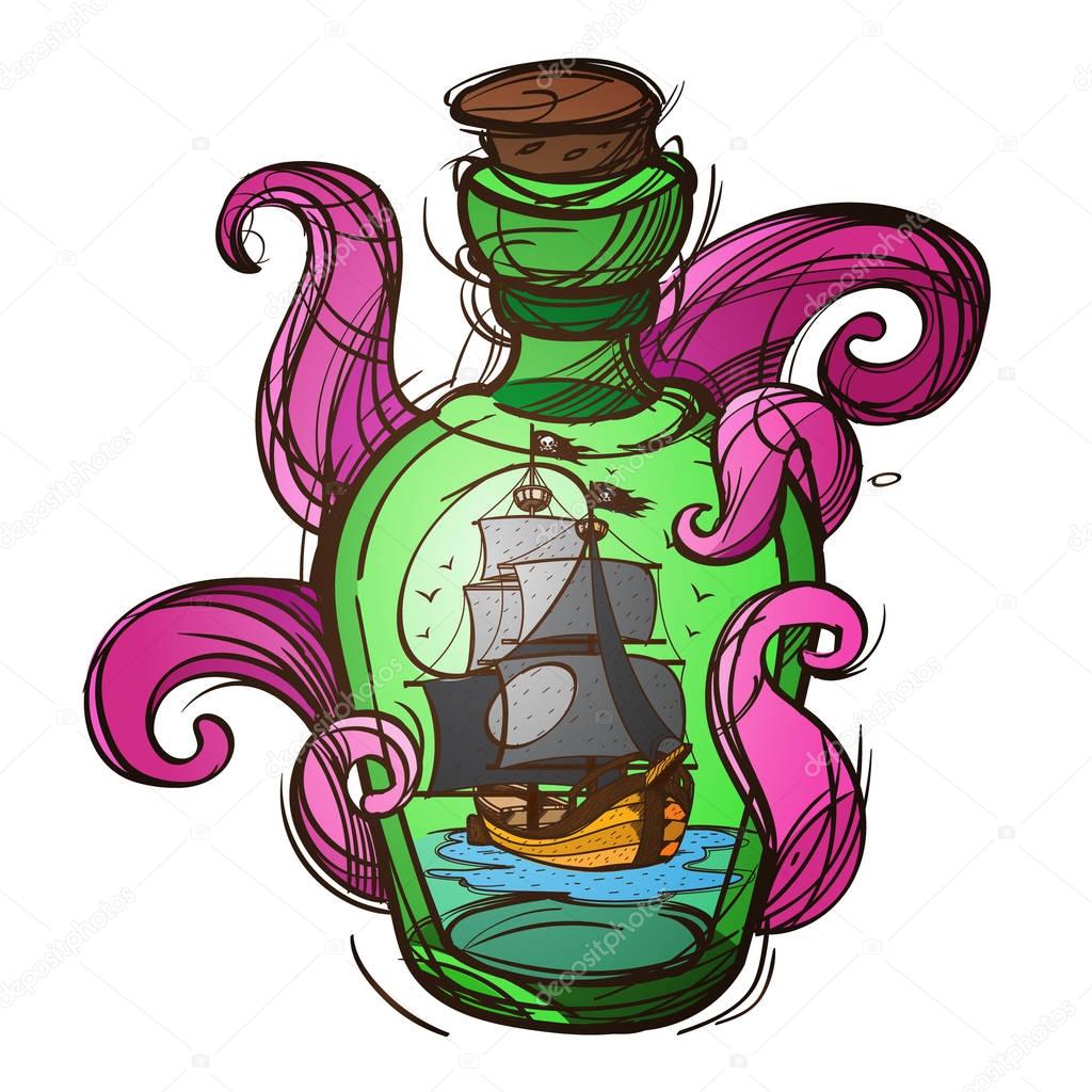 Pirate Frigate in a green glass bottle