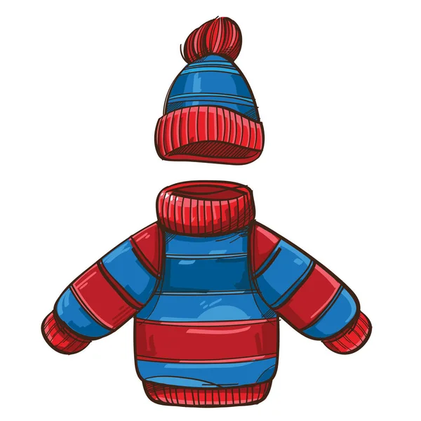 Blau-roter Pullover und Hut für Kinder — Stockvektor