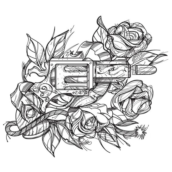 Pistola e tatuaggio di rose — Vettoriale Stock