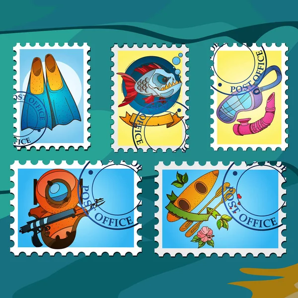 Θάλασσα θέμα γραμματόσημα — Διανυσματικό Αρχείο