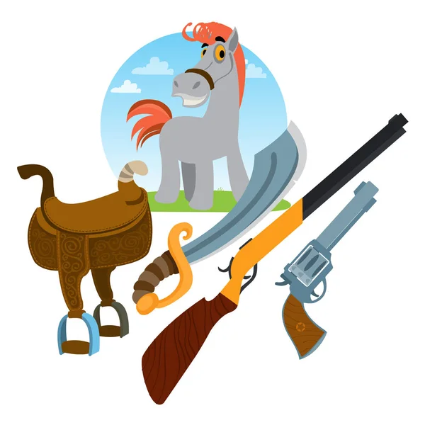Horse, weapons and saddle. — Stock Vector