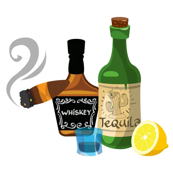 Láhev whisky a doutník. — Stockový vektor