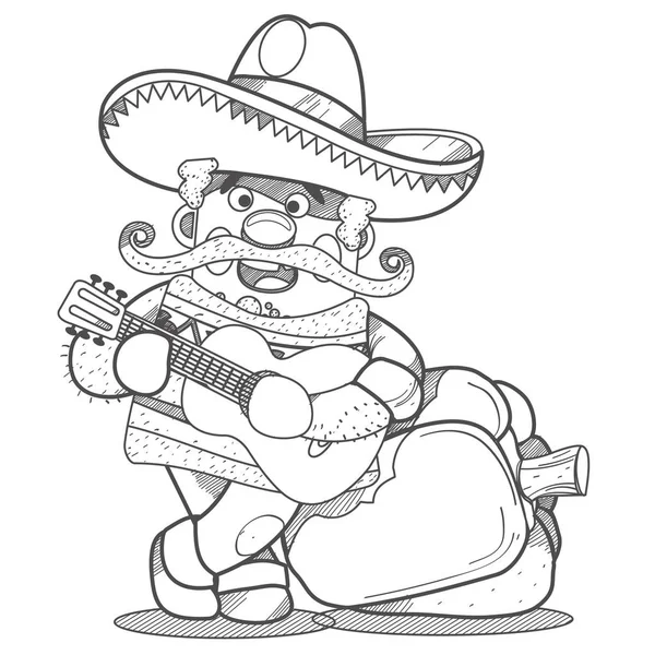 Mexicano en sombrero con guitarra — Vector de stock