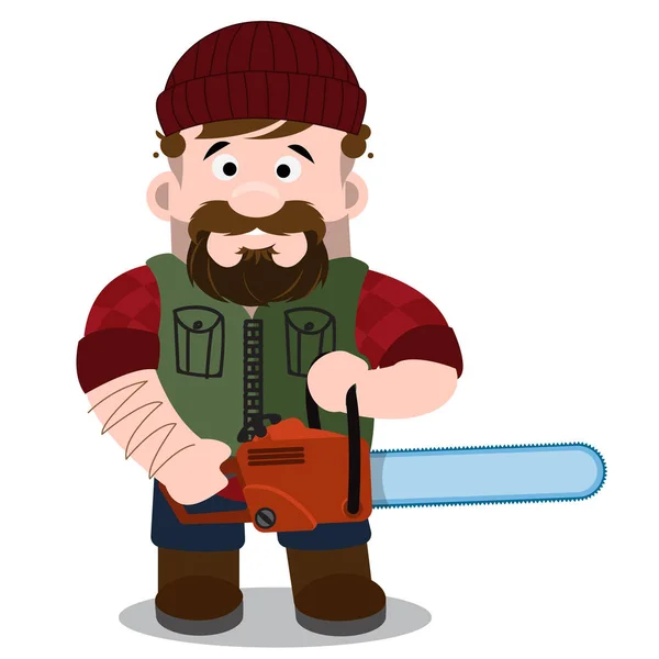 Lumberjack with a chainsaw. A character — Stock Vector