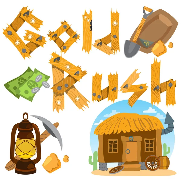 Shack, prospector tools, money icons — Stock Vector