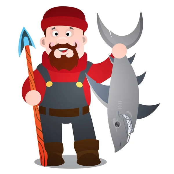 Pescador con lanza y tiburón — Archivo Imágenes Vectoriales