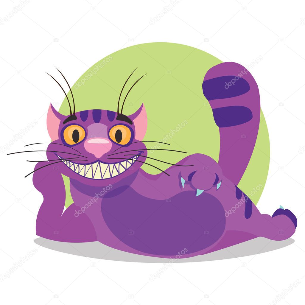 Cheshire Cat. Illustration to the fairy tale Alice's Adventures in Wonderland. lying purple cat with a big smile.