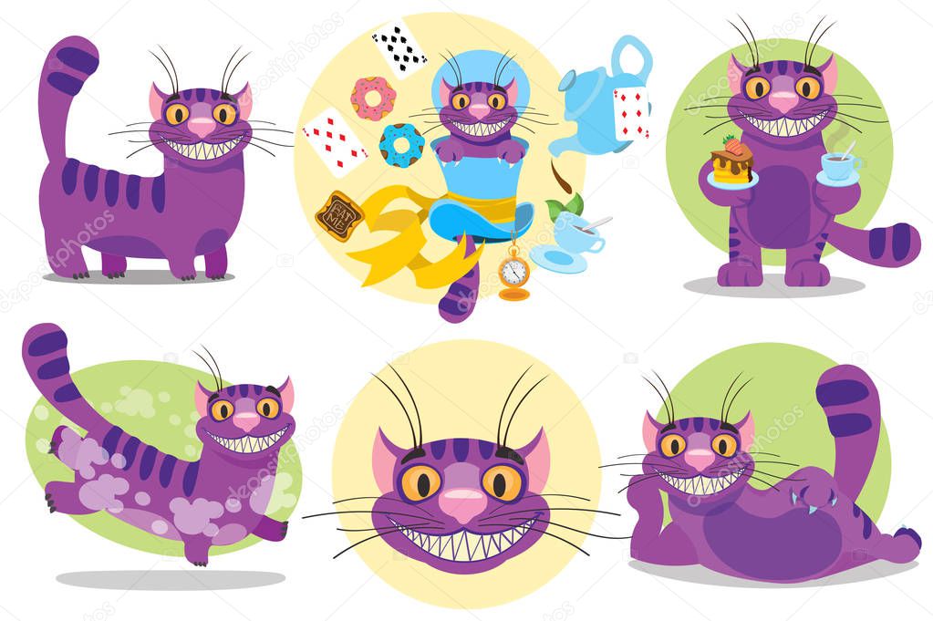 Set of purple smiling Cheshire Cats. Illustration to the fairy tale Alice's Adventures in Wonderland.