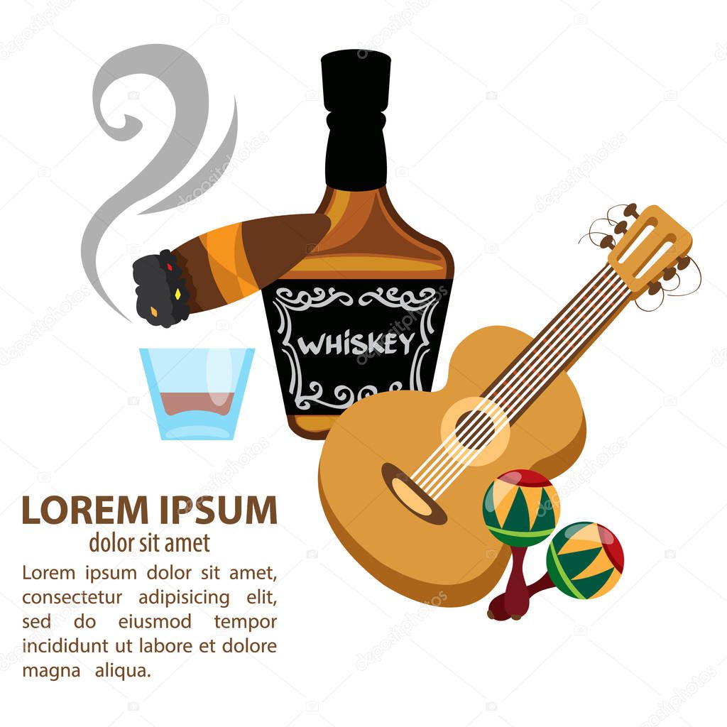 Whisky, cigar, guitar and maracas. Mexico and Wild West background.