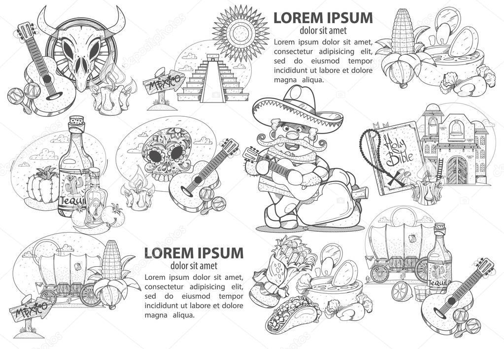 Tradiciones de mexico para colorear | Conjunto de iconos sobre un tema