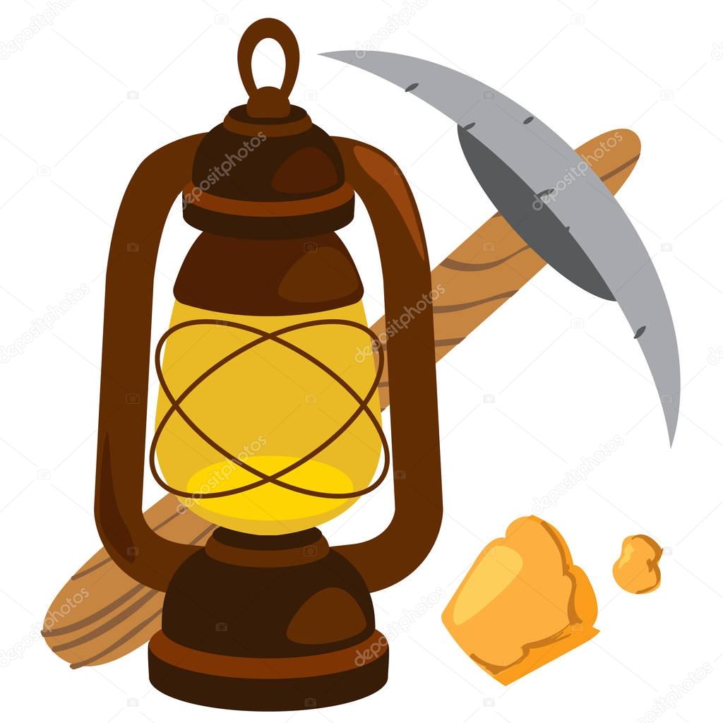 Pickaxe and oil lamp icon with golden nuggets