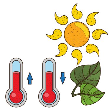 Güneş, termometre ve yaprakları. 