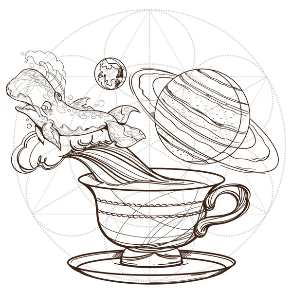 Tasse de café, baleine et planètes — Image vectorielle
