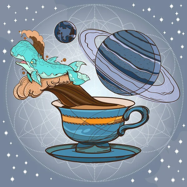 Кухоль кави, кита і планет — стоковий вектор