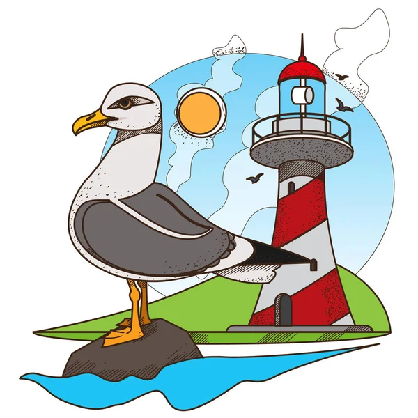 Möwe und Leuchtturm. Illustration — Stockvektor