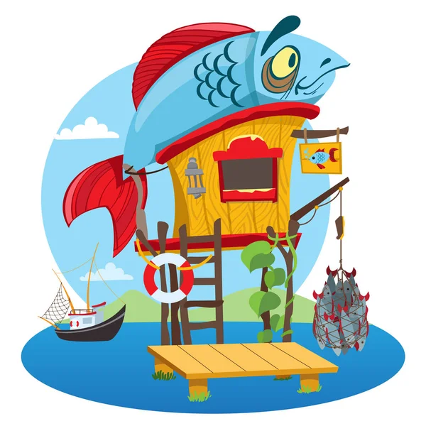 Cartoon House fisherman. — Stock Illustration Cartoon House fisherman. Vector Graphics