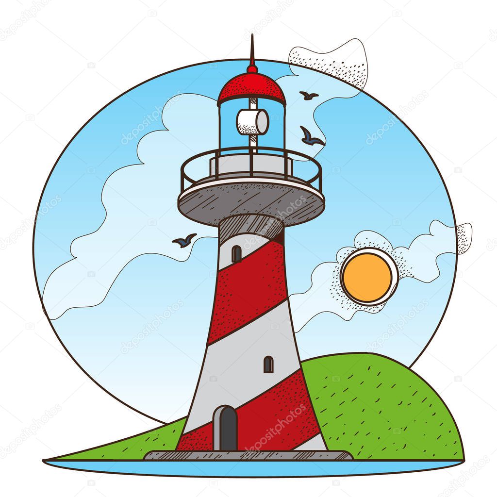 Landscape with Lighthouse icon  illustration for design of thematic products and publications.