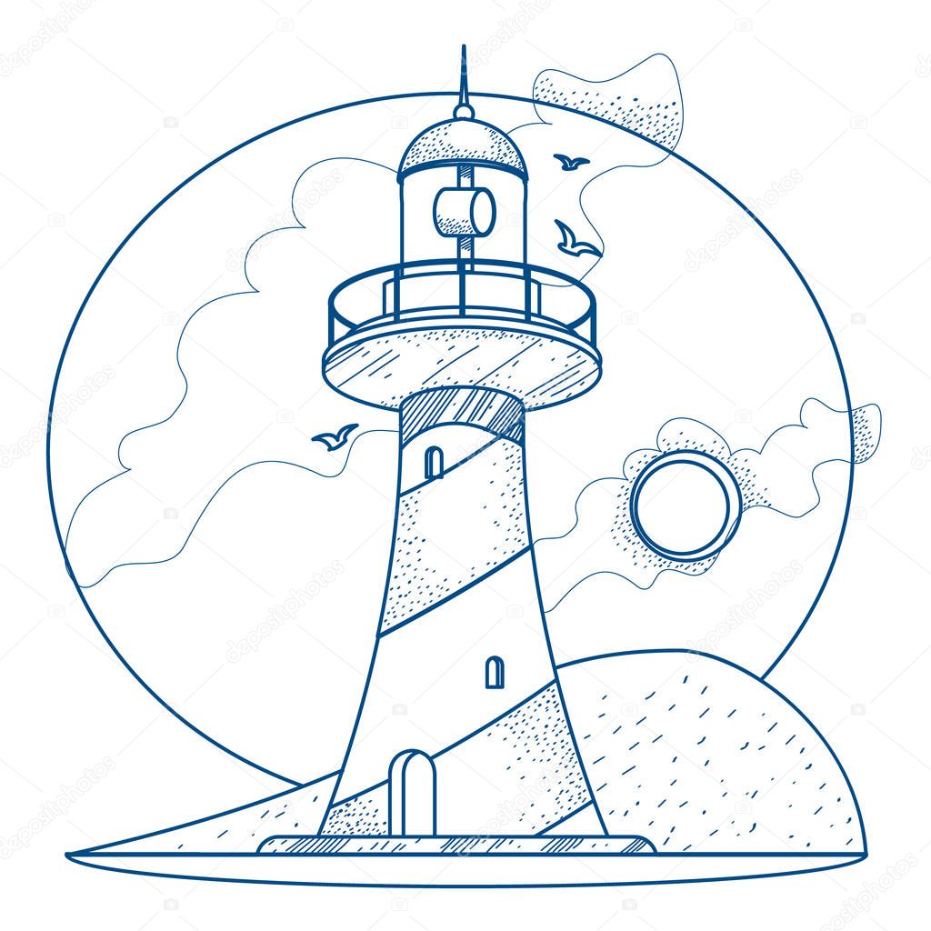 Landscape with Lighthouse icon  contour illustration for coloring.