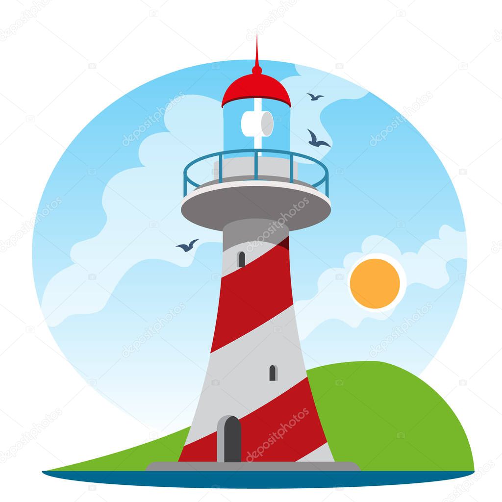 Landscape with Lighthouse icon  illustration for design of thematic products and publications.