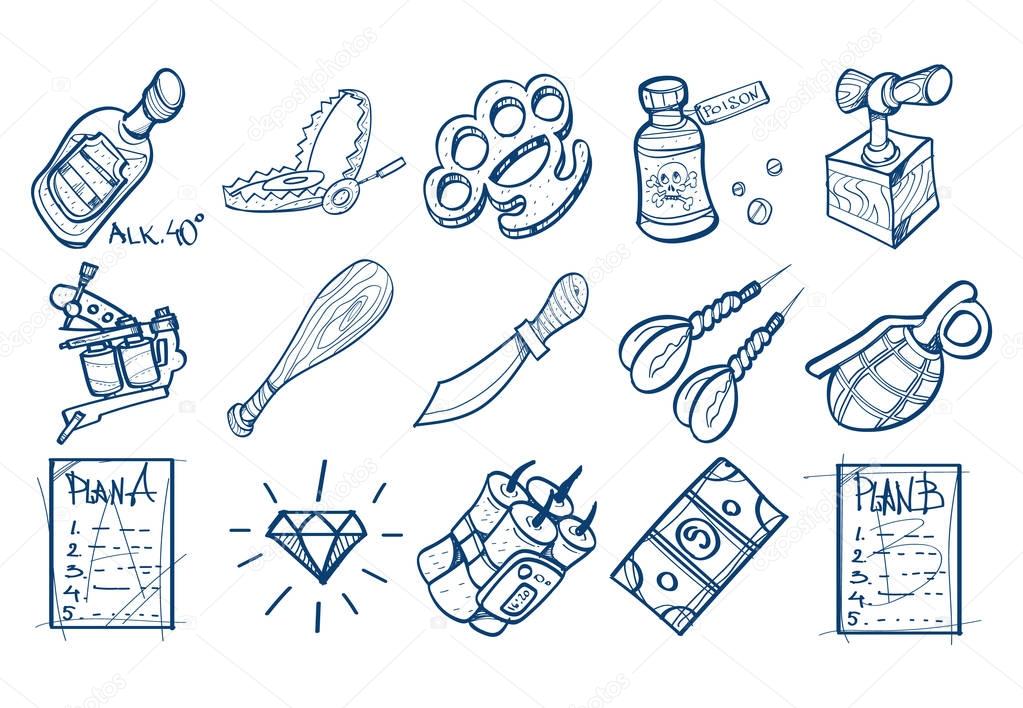 Set of bandit icons in the hand drawing style. Outline drawing for coloring.