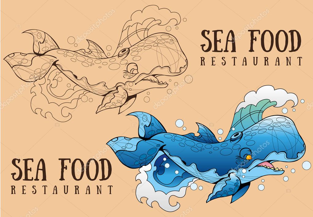 Blue Whale contour and color drawing for design food packaging.